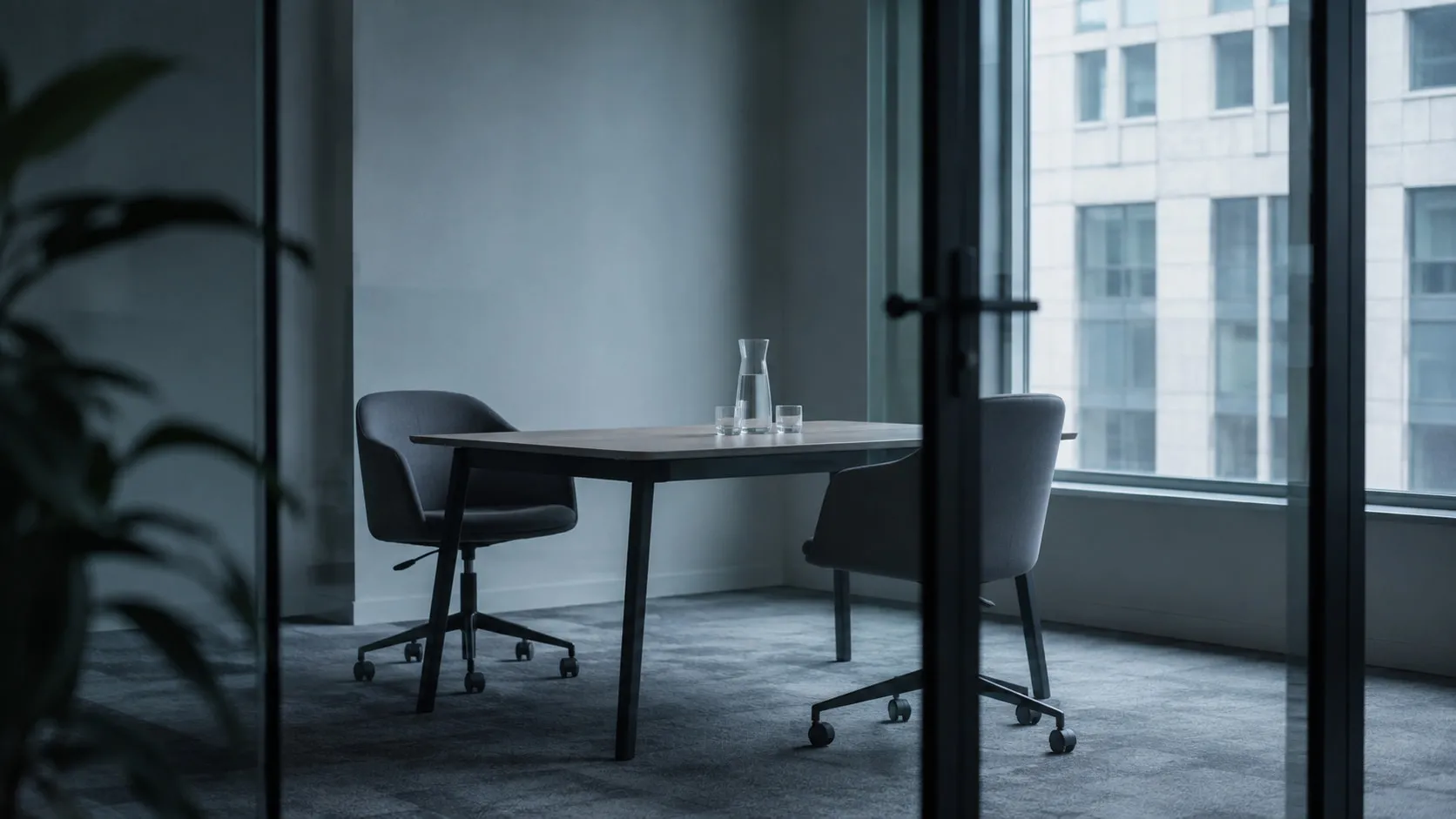 An empty meeting room with a table and two chairs beside a window