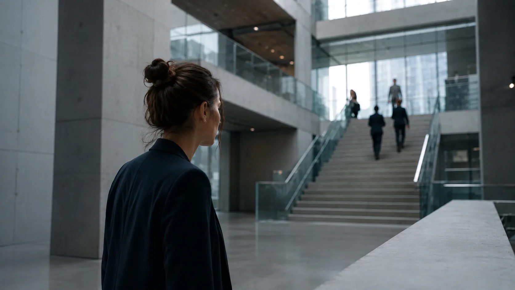 The atrium of a modern office building, a concrete staircase in the middle distance with a few people on it