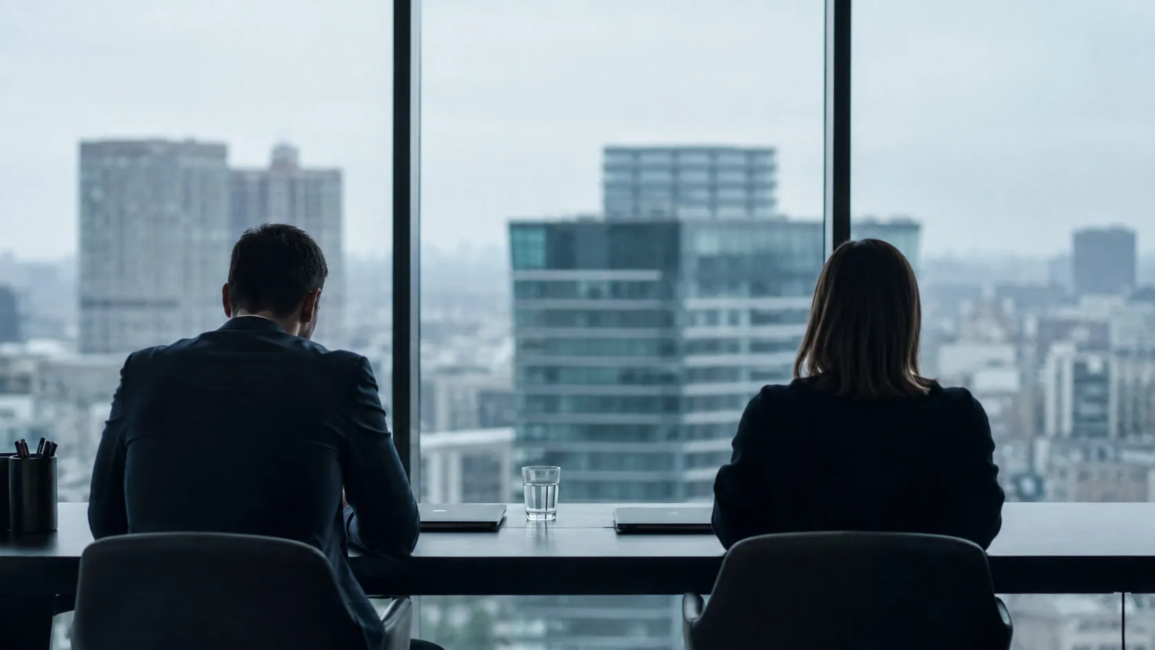 Two people seen from behind at a long table, facing a window with a city skyline beyond