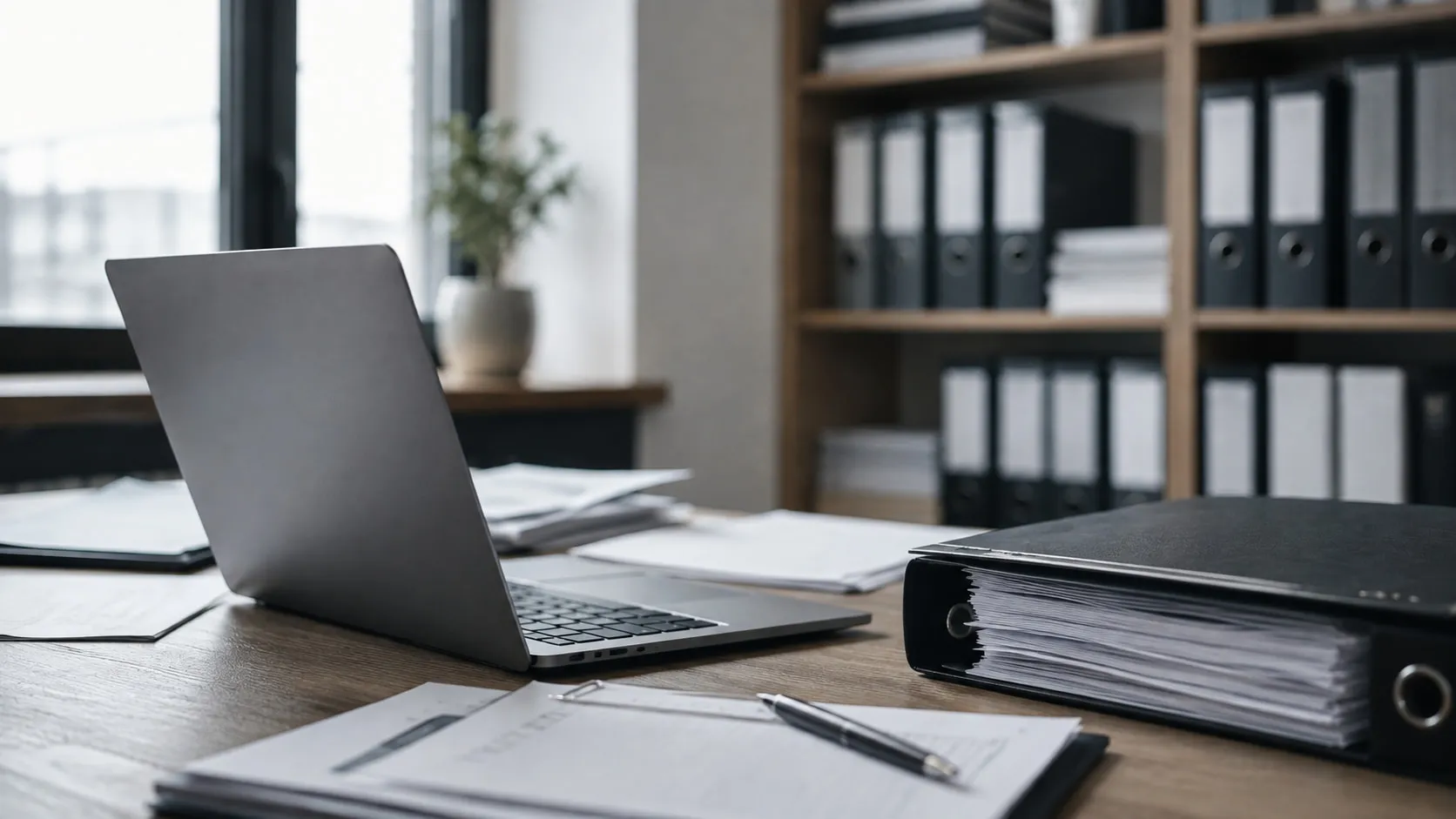 A desk with an open laptop, loose papers and a ring binder, a shelf of files out of focus behind it