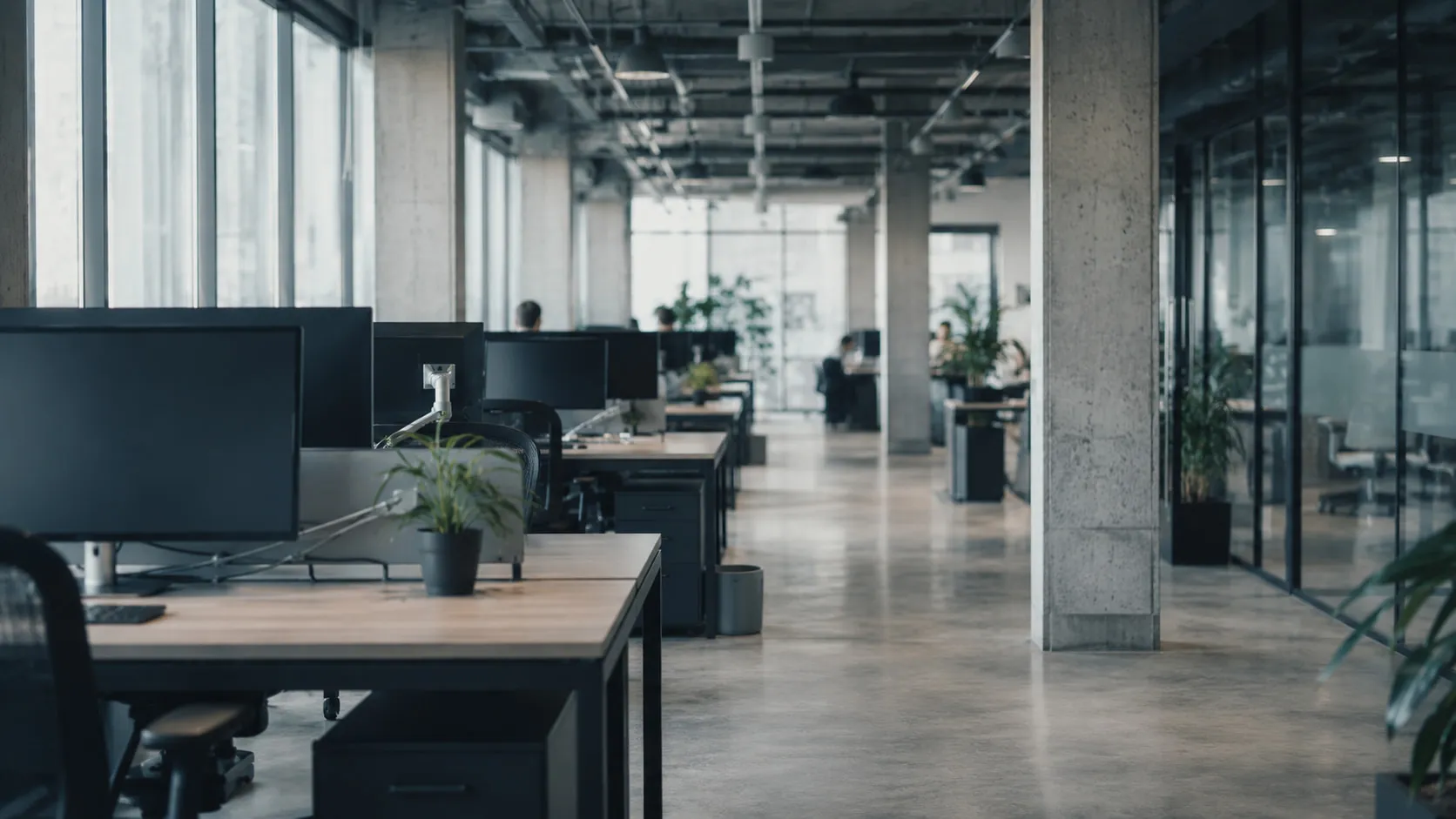 An open-plan office seen along a walkway, rows of desks and monitors receding towards windows at the far end